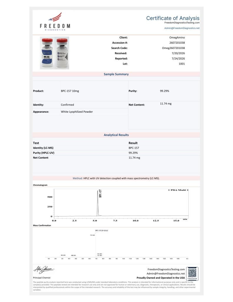 OmA – BPC-157 certificate of analysis — lab scan 1 of 3