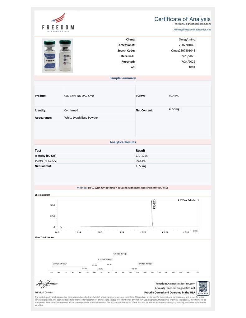 OmA – CJC-1295 certificate of analysis — lab scan 1 of 4