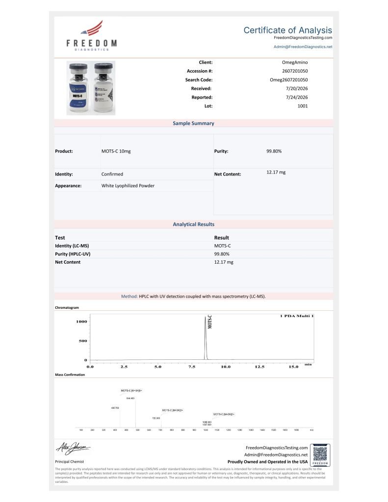 OmA – Mots-C certificate of analysis — lab scan 1 of 4