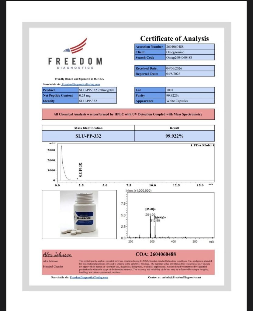OmA – SLU-PP-332 certificate of analysis — lab scan 1 of 2
