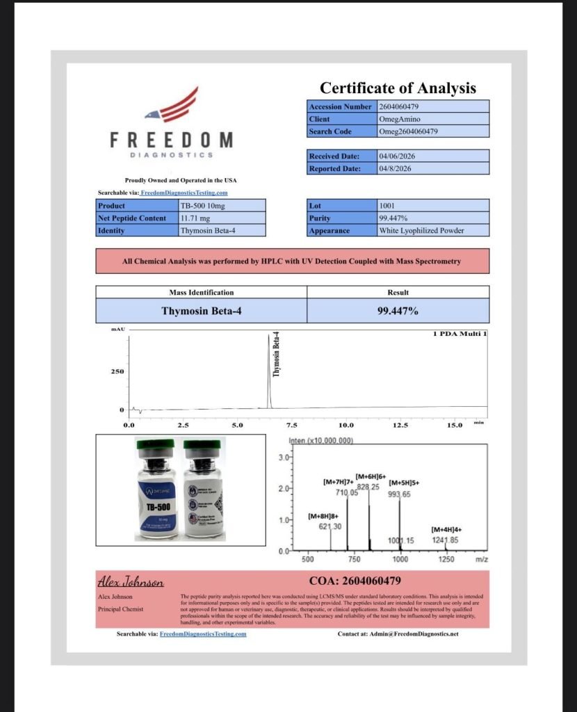 OmA – TB-500 certificate of analysis — lab scan 1 of 3
