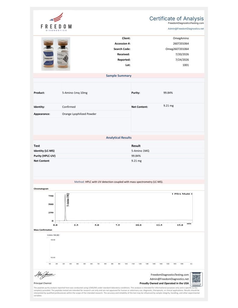 OmA – 5Amino-1MQ certificate of analysis — lab scan 1 of 2