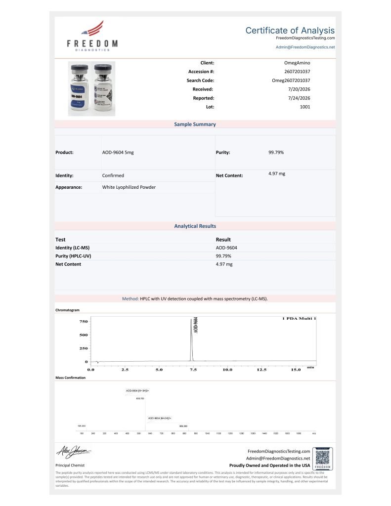 OmA – AOD-9604 certificate of analysis — lab scan 1 of 2