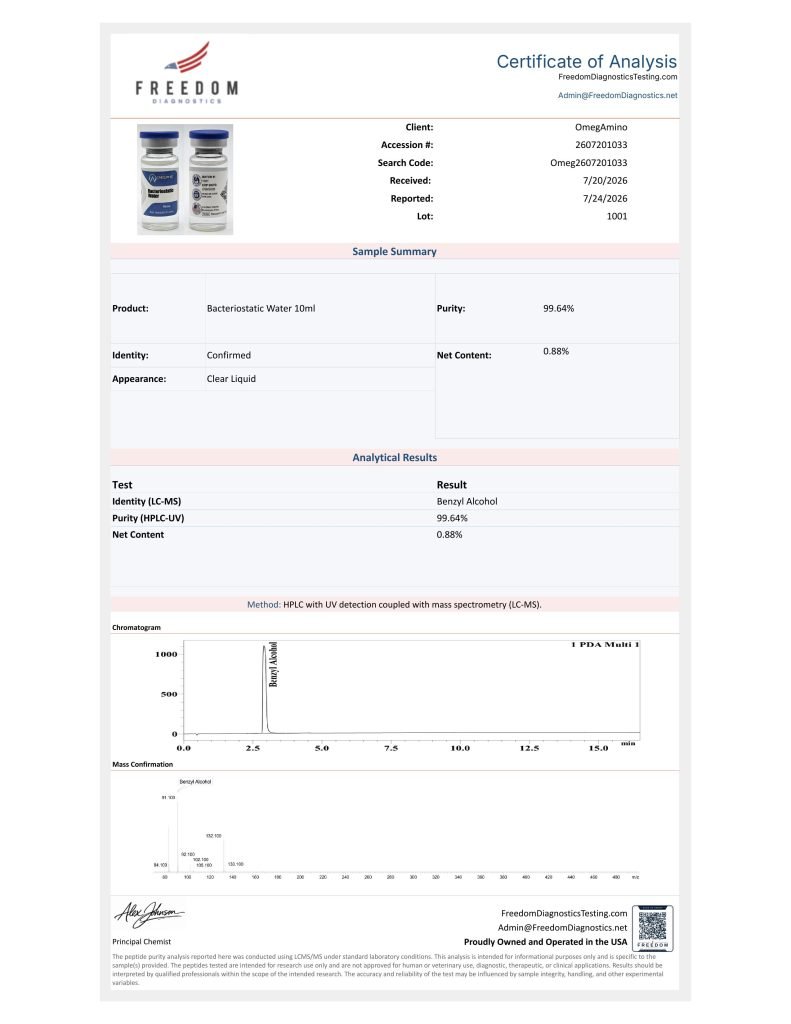 OmA – Bacteriostatic Water certificate of analysis — lab scan 2 of 2