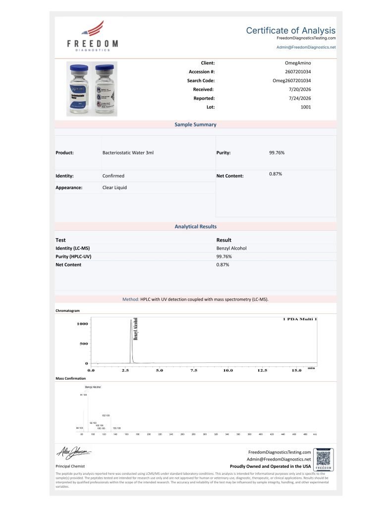 OmA – Bacteriostatic Water certificate of analysis — lab scan 1 of 2