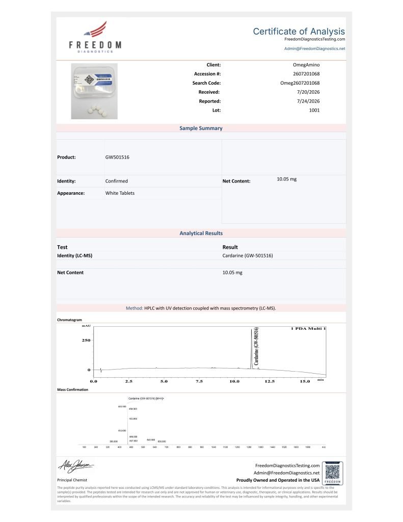OmA – Cardarine certificate of analysis — lab scan 1 of 2