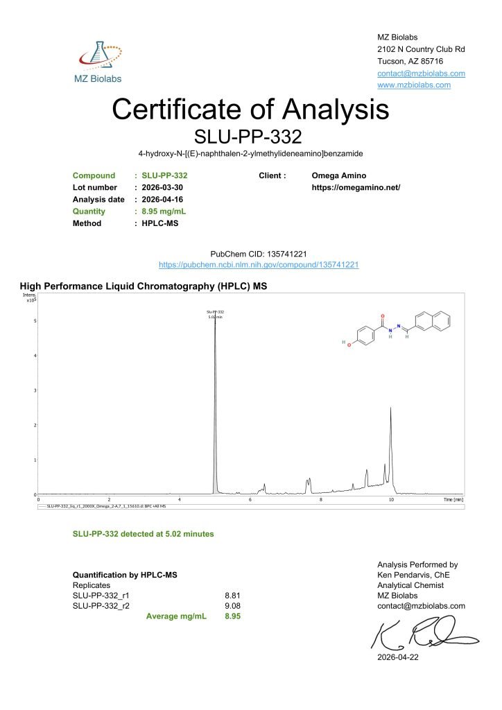 OmA – SLU-PP-332 Solution certificate of analysis — lab scan 1 of 2